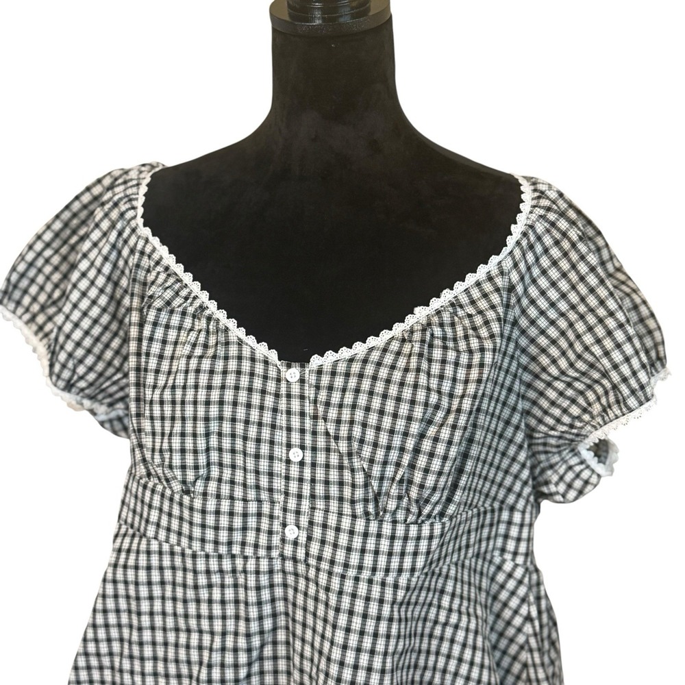 Women's Black White Gingham Check Cropped Top 2XL Milkmaid Peasant Puff Sleeve - Picture 2 of 11